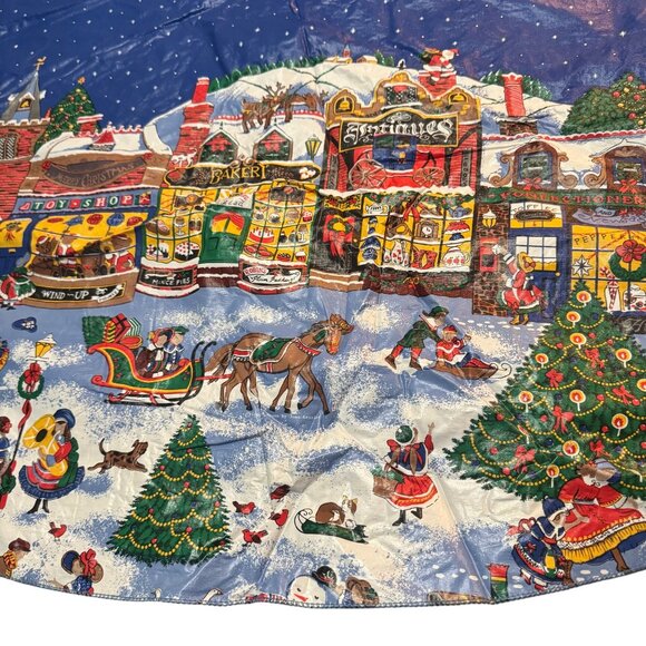 Vintage Christmas Village Round Tablecloth Plastic 60x56 Oval Snow Scene - Picture 4 of 6